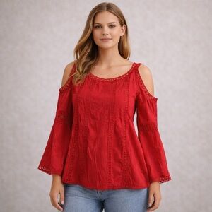 NWT Solitaire Red Crochet Trim Cold Shoulder Blouse
